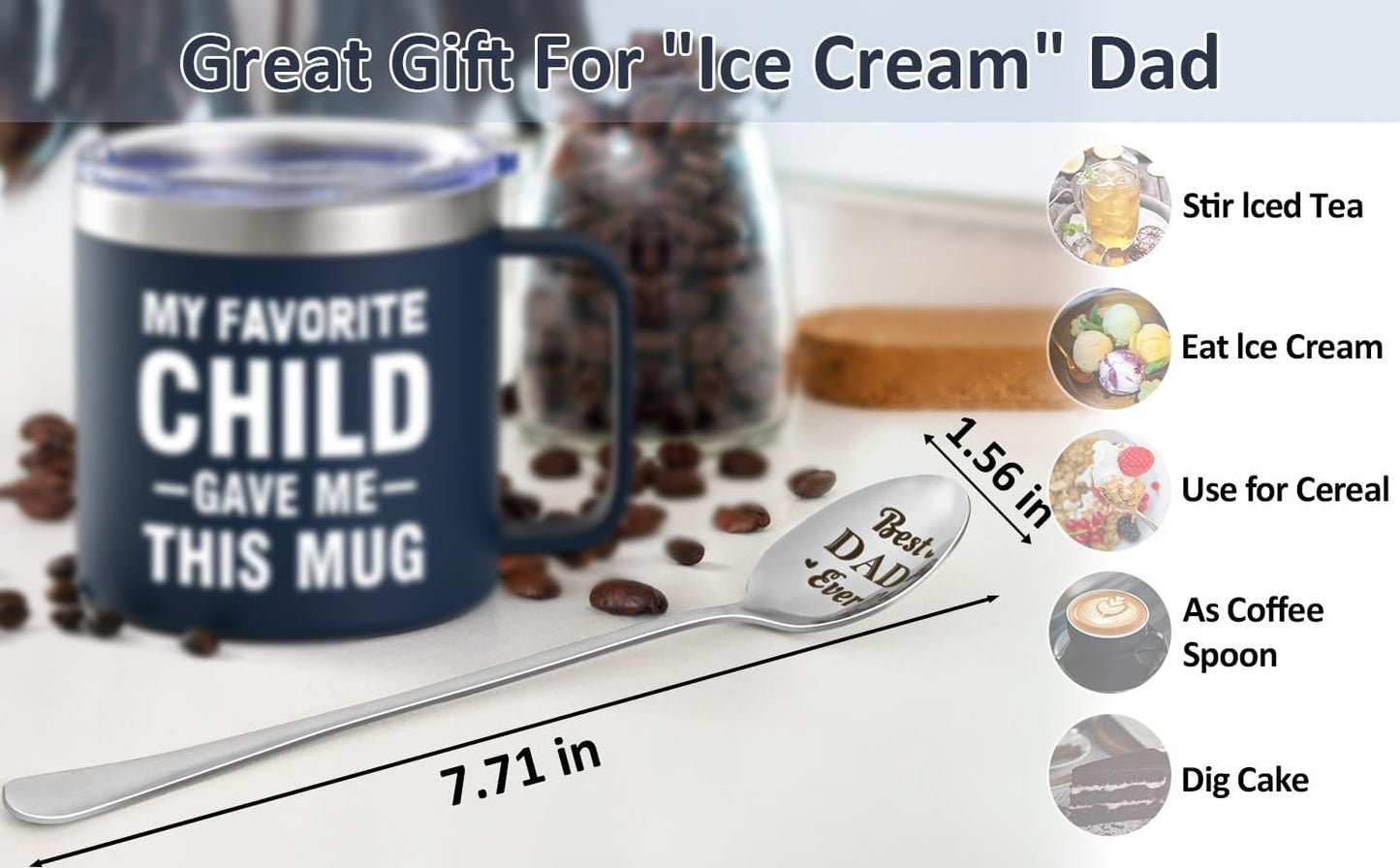 Gifts for Dad, Cool 14Oz Favorite Child Mug & Ice Cream Spoon & Socks & Card Gift Set, Funny Father's Day Gifts Ideas from Daughter Son, Unique Dad Gifts on Birthday(BL)