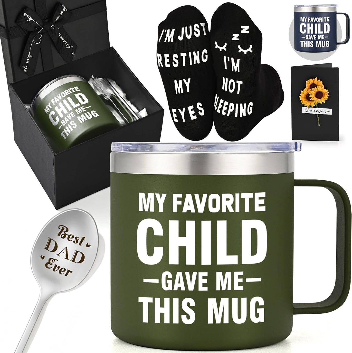 Gifts for Dad, Cool 14Oz Favorite Child Mug & Ice Cream Spoon & Socks & Card Gift Set, Funny Father's Day Gifts Ideas from Daughter Son, Unique Dad Gifts on Birthday(BL)