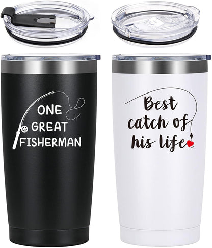 LiqCool His and Hers Gifts, Wedding Gifts, Couples Christmas Gifts, One Great Fisherman Best Catch of His Life 20oz Travel Tumbler, Couples Gifts for Anniversary Bridal Shower Engagement Husband Wife