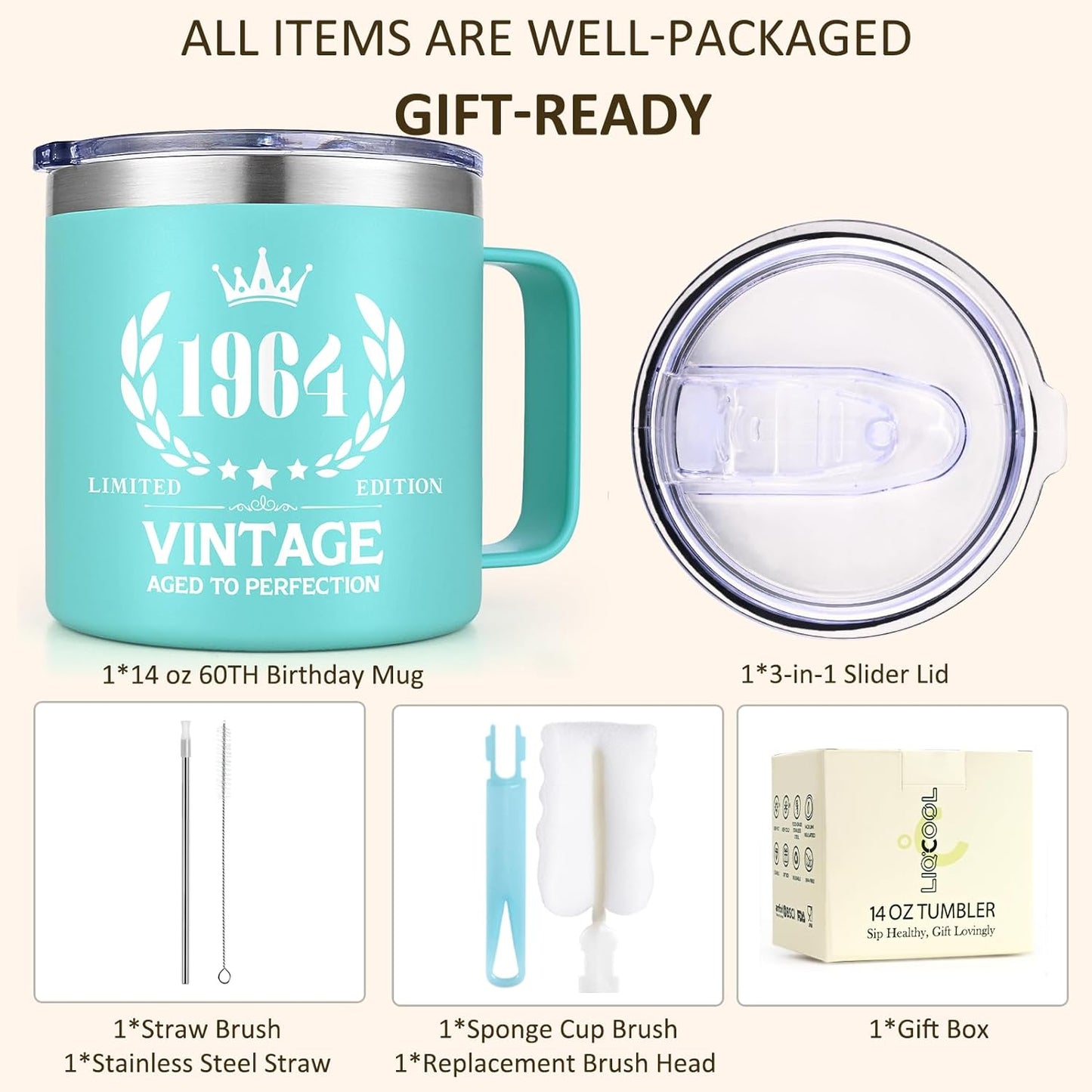 60th Birthday Gifts for Women, Vintage 1964 Birthday Gift Ideas for 60 Year Old Woman, Vintage 1964 Insulated Mug 14oz, 1964 Birthday Gifts for Mom, Wife, Friends