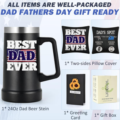 Father's Day Gifts for Dad, 24 Oz Best Dad Ever Beer Stein Mug & Pillow Cover & Card Gift Set, Cool Funny Father's Day Gifts Ideas from Daughter Wife Son, Dad Gifts on Birthday(BK1)
