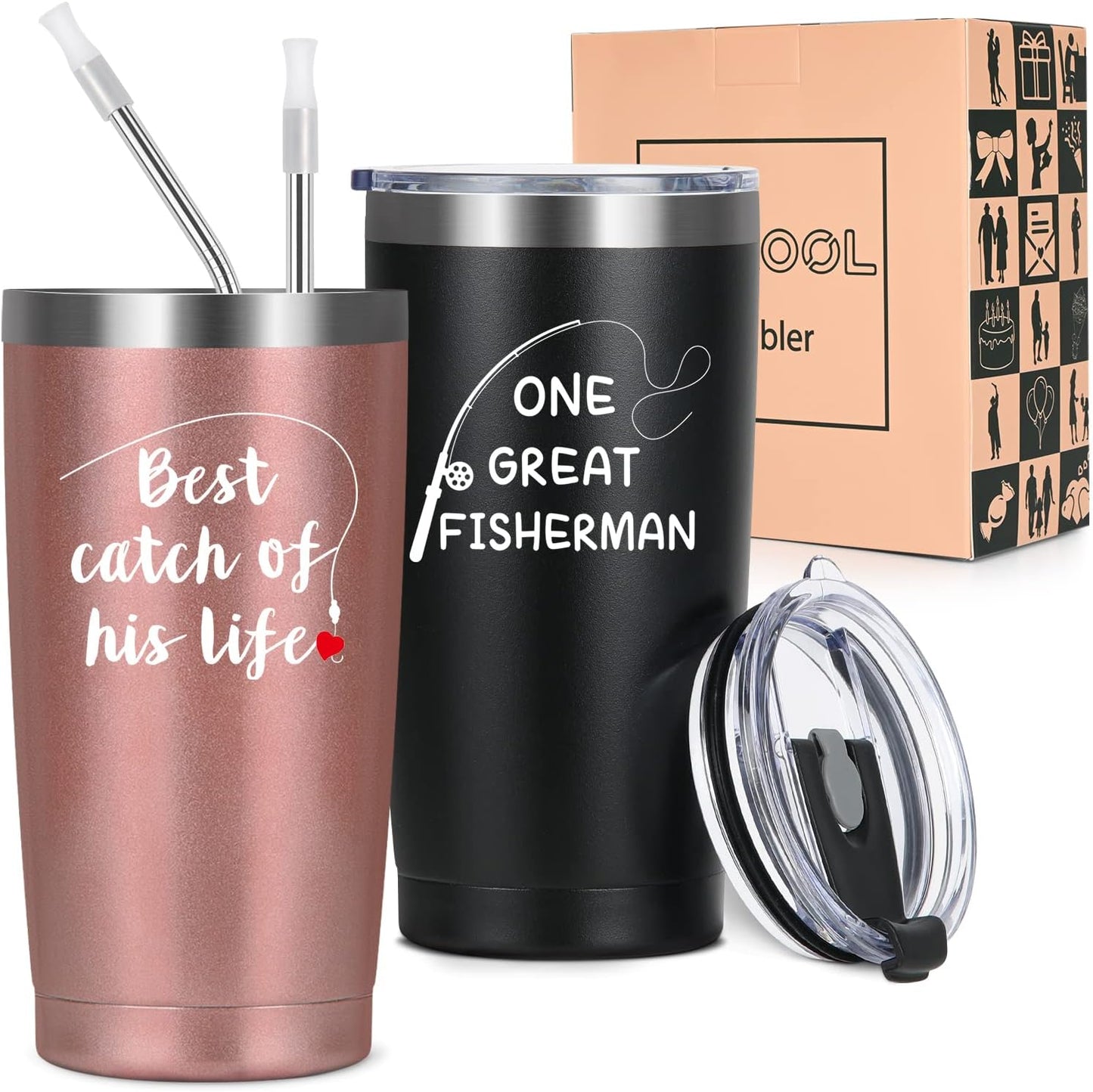 LiqCool His and Hers Gifts, Wedding Gifts, Couples Christmas Gifts, One Great Fisherman Best Catch of His Life 20oz Travel Tumbler, Couples Gifts for Anniversary Bridal Shower Engagement Husband Wife