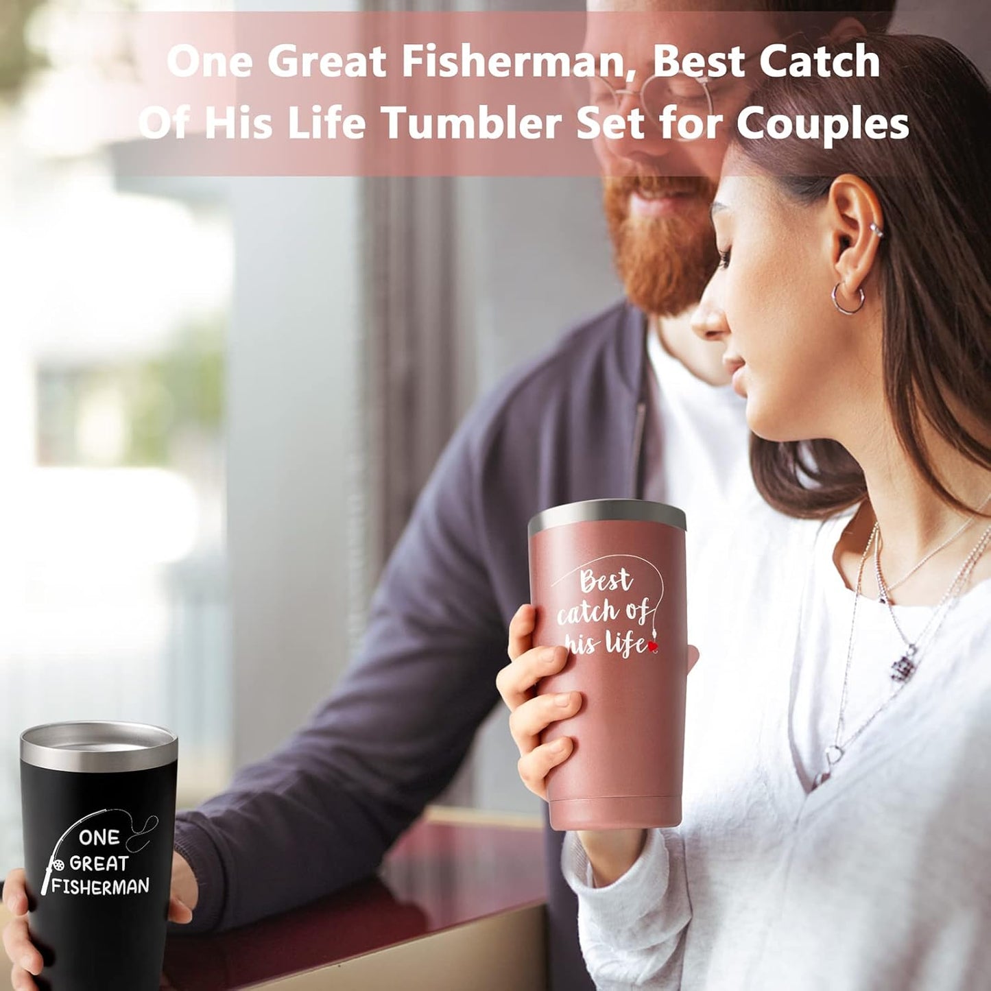 LiqCool His and Hers Gifts, Wedding Gifts, Couples Christmas Gifts, One Great Fisherman Best Catch of His Life 20oz Travel Tumbler, Couples Gifts for Anniversary Bridal Shower Engagement Husband Wife