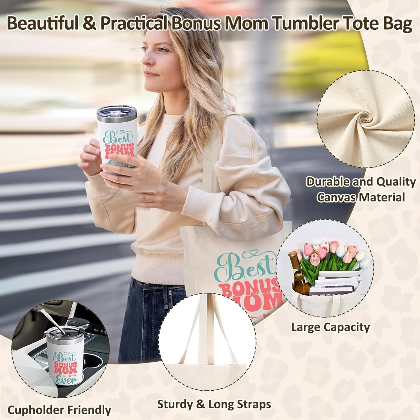 Bonus Mom Mothers Day Gifts Set- Best Bonus Mom Ever Tumbler & Tote Bag, Step Mom Mother's Day Gifts from Daughter Son Kids, Unique Stepmom Gift 20 Oz Cup