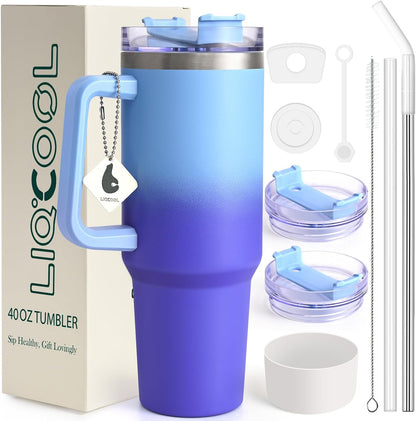 40 Oz Tumbler with Handle 2 Straws and 2 Lids, Silicone Boot & Leakproof Spill Stopper Set, Stainless Steel Vacuum Insulated Tumbler, Keep Drinks Cold 26H, Cupholder Friendly