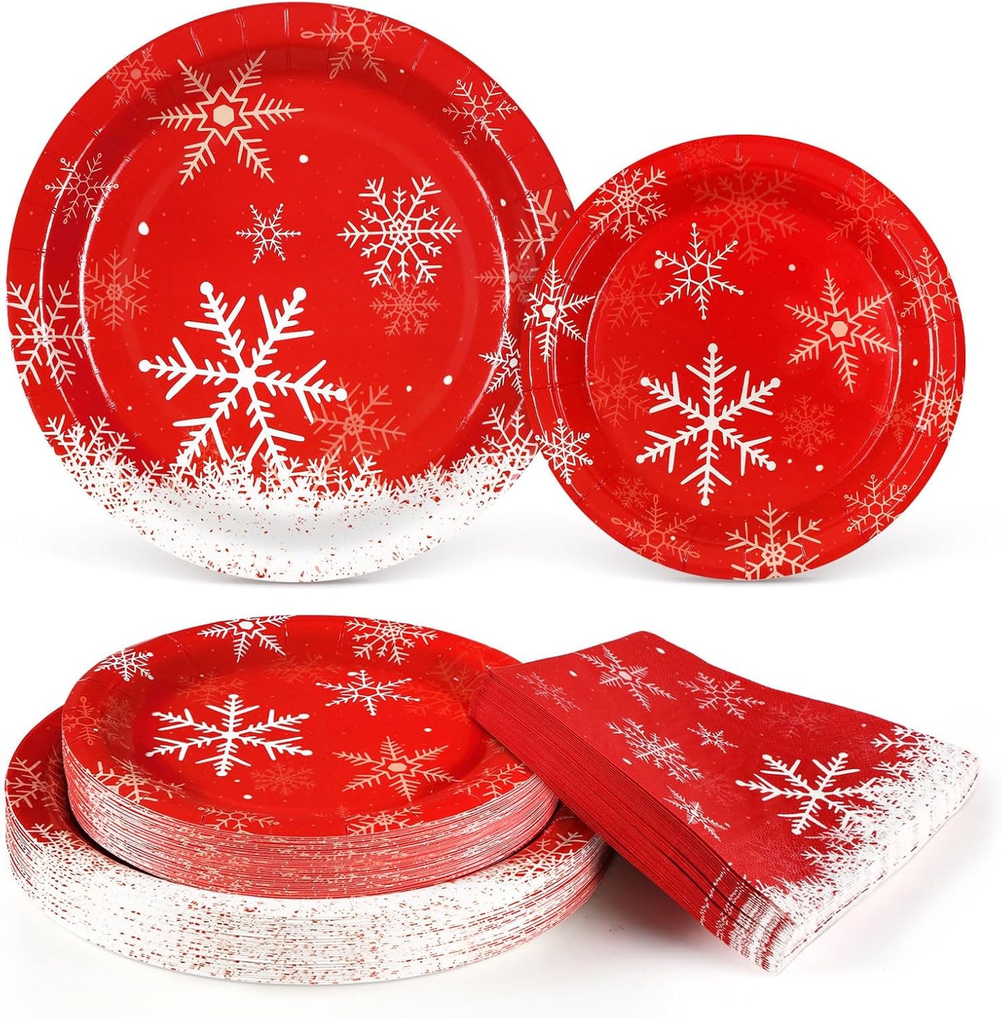 Homlouue 200 PCS Christmas Paper Plates and Napkins, Red Snowflake Christmas Plates Disposable, Christmas Plates and Napkins for Christmas Party Holiday Xmas Winter Dinner, Christmas Party Supplies