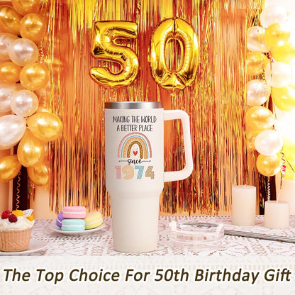 50th Birthday Gifts for Her Women 40 oz Tumbler with Handle and Straw, Unique Since 1974 Birthday Gifts for 50 Year Old Women, Happy 50th Birthday Gift Ideas for Friends Family