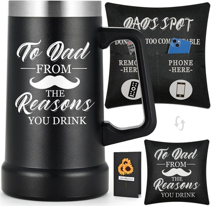 Father's Day Gifts for Dad, 24 Oz Best Dad Ever Beer Stein Mug & Pillow Cover & Card Gift Set, Cool Funny Father's Day Gifts Ideas from Daughter Wife Son, Dad Gifts on Birthday(BK1)