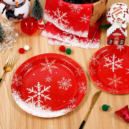 Homlouue 200 PCS Christmas Paper Plates and Napkins, Red Snowflake Christmas Plates Disposable, Christmas Plates and Napkins for Christmas Party Holiday Xmas Winter Dinner, Christmas Party Supplies