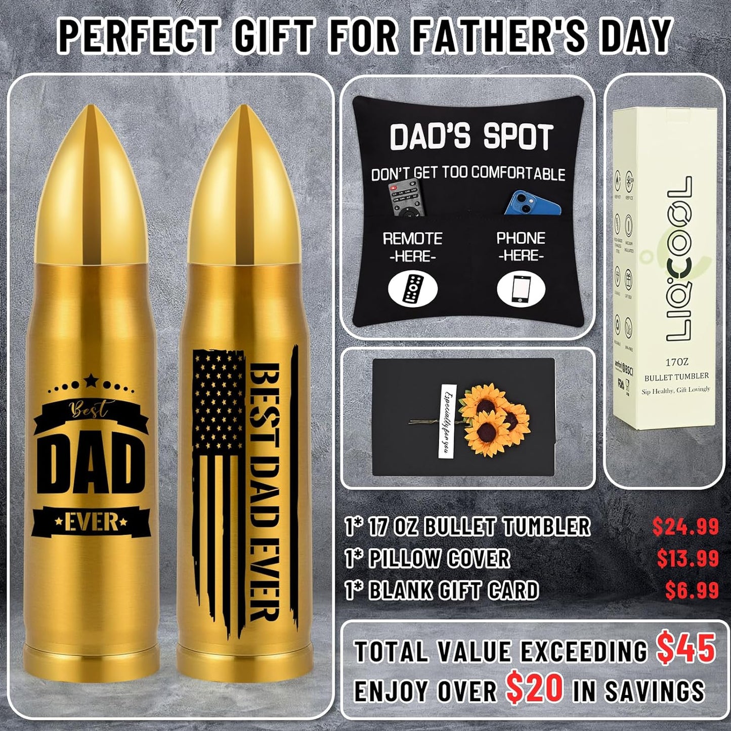 Father's Day Gifts, 17 Oz Best Dad Ever Bullet Tumbler with Card & Pillow Cover Gift Set, Cool Funny Unique Father's Day Birthday Gifts Ideas for Dad Husband from Daughter Wife Son(Gold)