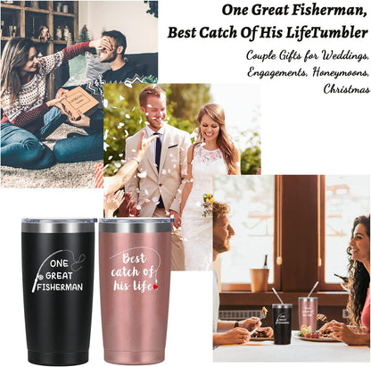 LiqCool His and Hers Gifts, Wedding Gifts, Couples Christmas Gifts, One Great Fisherman Best Catch of His Life 20oz Travel Tumbler, Couples Gifts for Anniversary Bridal Shower Engagement Husband Wife