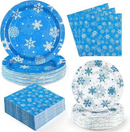 Homlouue 200 PCS Christmas Paper Plates and Napkins, Red Snowflake Christmas Plates Disposable, Christmas Plates and Napkins for Christmas Party Holiday Xmas Winter Dinner, Christmas Party Supplies