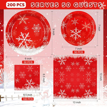 Homlouue 200 PCS Christmas Paper Plates and Napkins, Red Snowflake Christmas Plates Disposable, Christmas Plates and Napkins for Christmas Party Holiday Xmas Winter Dinner, Christmas Party Supplies