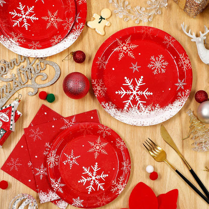 Homlouue 200 PCS Christmas Paper Plates and Napkins, Red Snowflake Christmas Plates Disposable, Christmas Plates and Napkins for Christmas Party Holiday Xmas Winter Dinner, Christmas Party Supplies